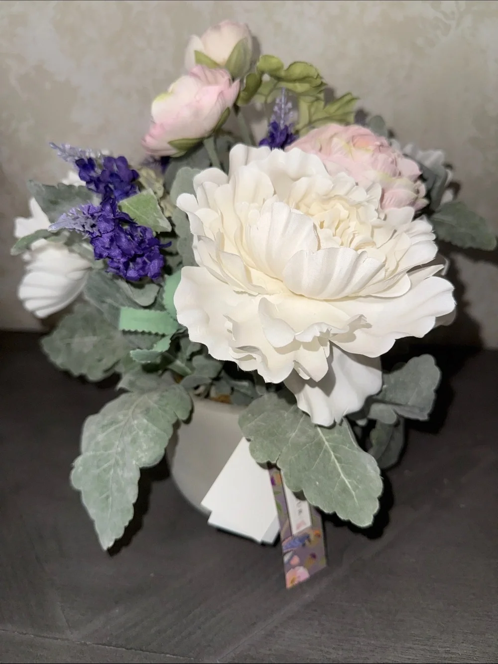 Cream Peony and Lavender Faux Floral Arrangement in Cream Pot